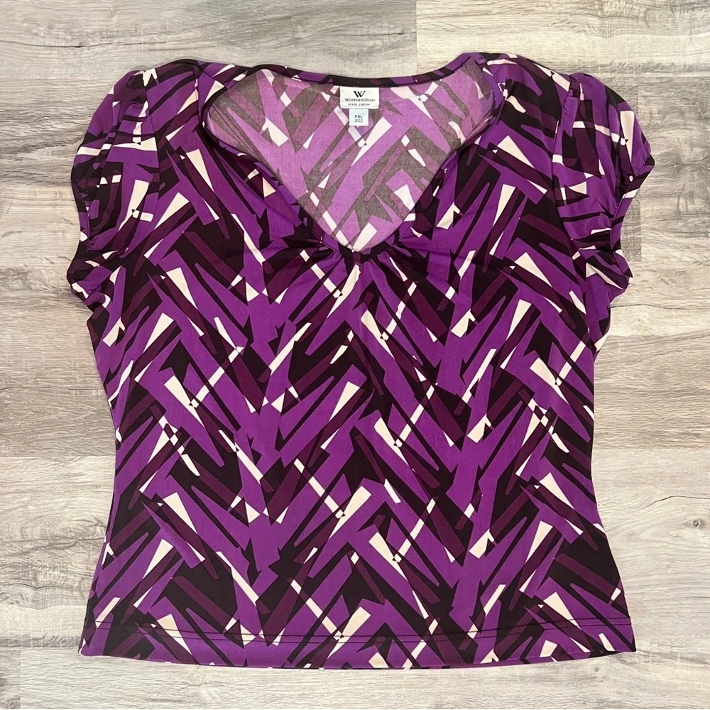 Women's Worthington Petite Stretch Top Blouse Size PXL Purple White Black - Picture 1 of 9